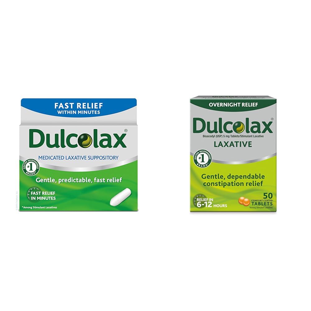 Dulcolax Fast Relief Medicated Laxative Suppositories Fast Relief, Rectal Use Only, Bisacodyl, 10 mg &amp; Overnight Relief Laxative for Gentle Constipation Relief, Bisacodyl 5 mg Tablets, 50 Conde