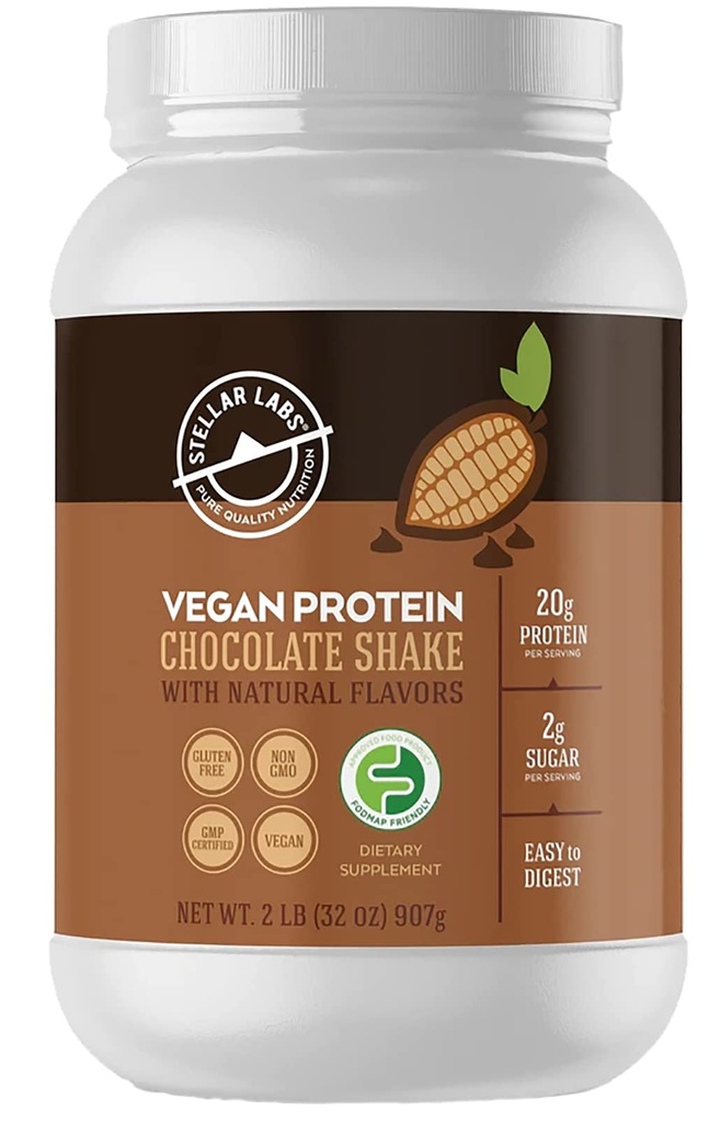 Laboratorios Estelares Pólvora de Proteína Vegan con los antioxidantes de BCAA   Certified Low FODMAP, Non GMO, Gluten Free, Soy Free, Low Carb, con Stevia ¦ Lean Plant Based Protein Powder Shakes ← Chocolate