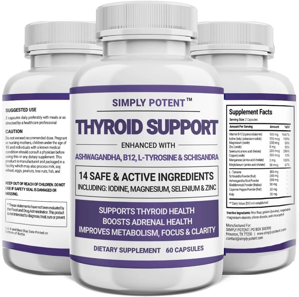 Solo Potent Thyroid Support &amp; Adrenal Support Suplemento 2-in-1 Fórmula natural con Iodine & Ashwagandha for Energy, Metabolism, Focus for Women &amp; Men, 60 caps
