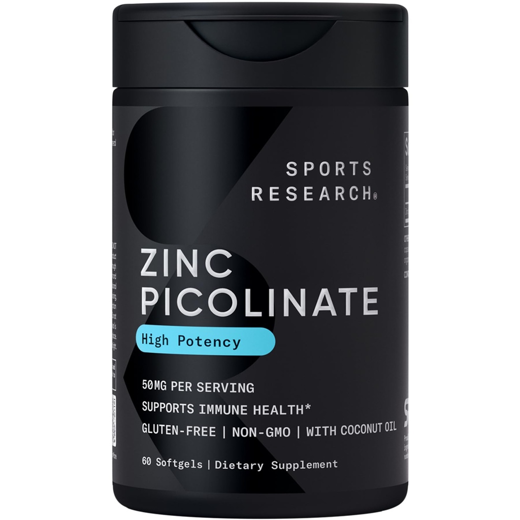 Sports Research® Zinc Picolinate 50mg w/Organic Coconut Oil, 60 Softgels