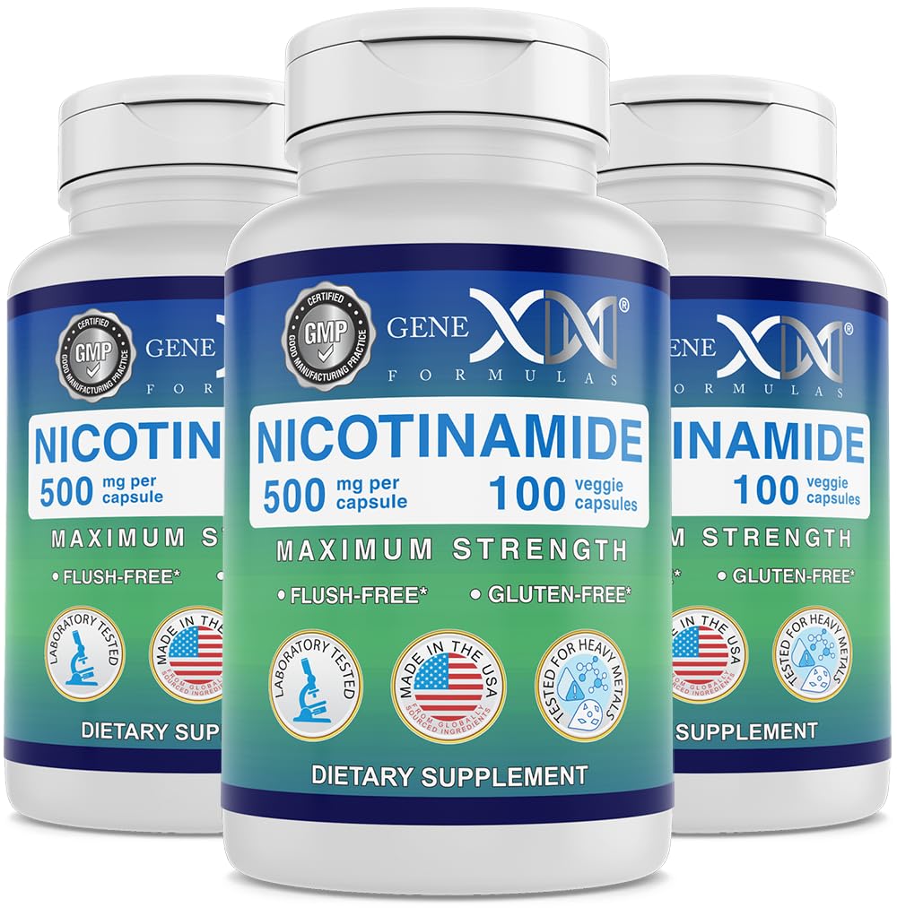 Fórmulas genéticas Nicotinamide 500mg (3-Pack) Vitamina B3 Flush Capsules de niacina gratis para la piel sana - Niacinamide Suplemento Las pastillas ayudan a producir Keratin &amp; Support Skin Cell Health & Energy (300 cápsulas)