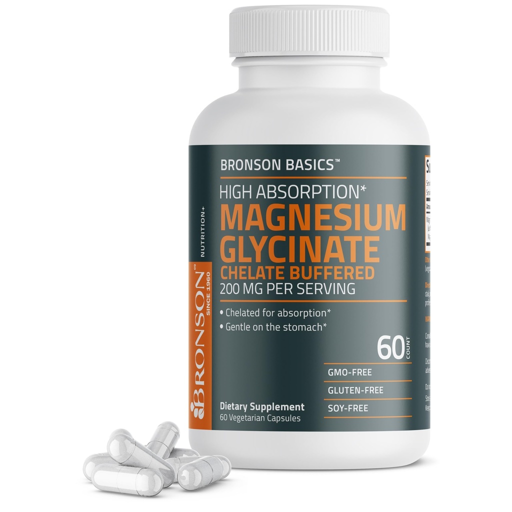Bronson Magnesium Glycinate 200mg High Absorption Chelated Buffered Gentle On The Stomach Non-GMO, 60 cápsulas vegetarianas