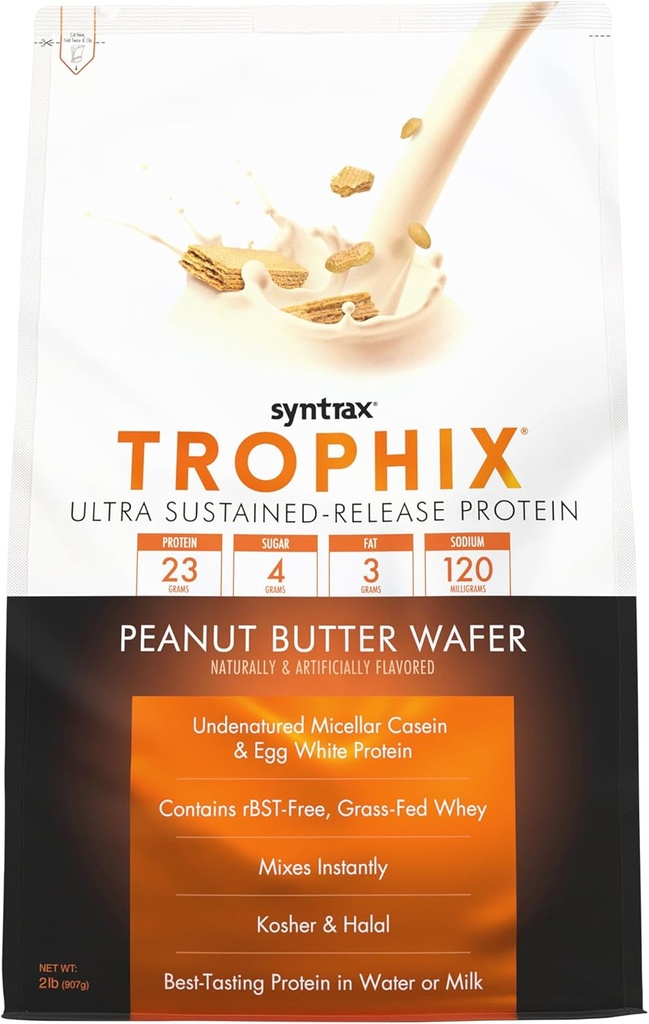 Sintrax Nutrition Trophix, Ultra Sustained-Release Protein Powder Blend, Peanut Butter Wafer 2 libras, Real Wafer Pieces