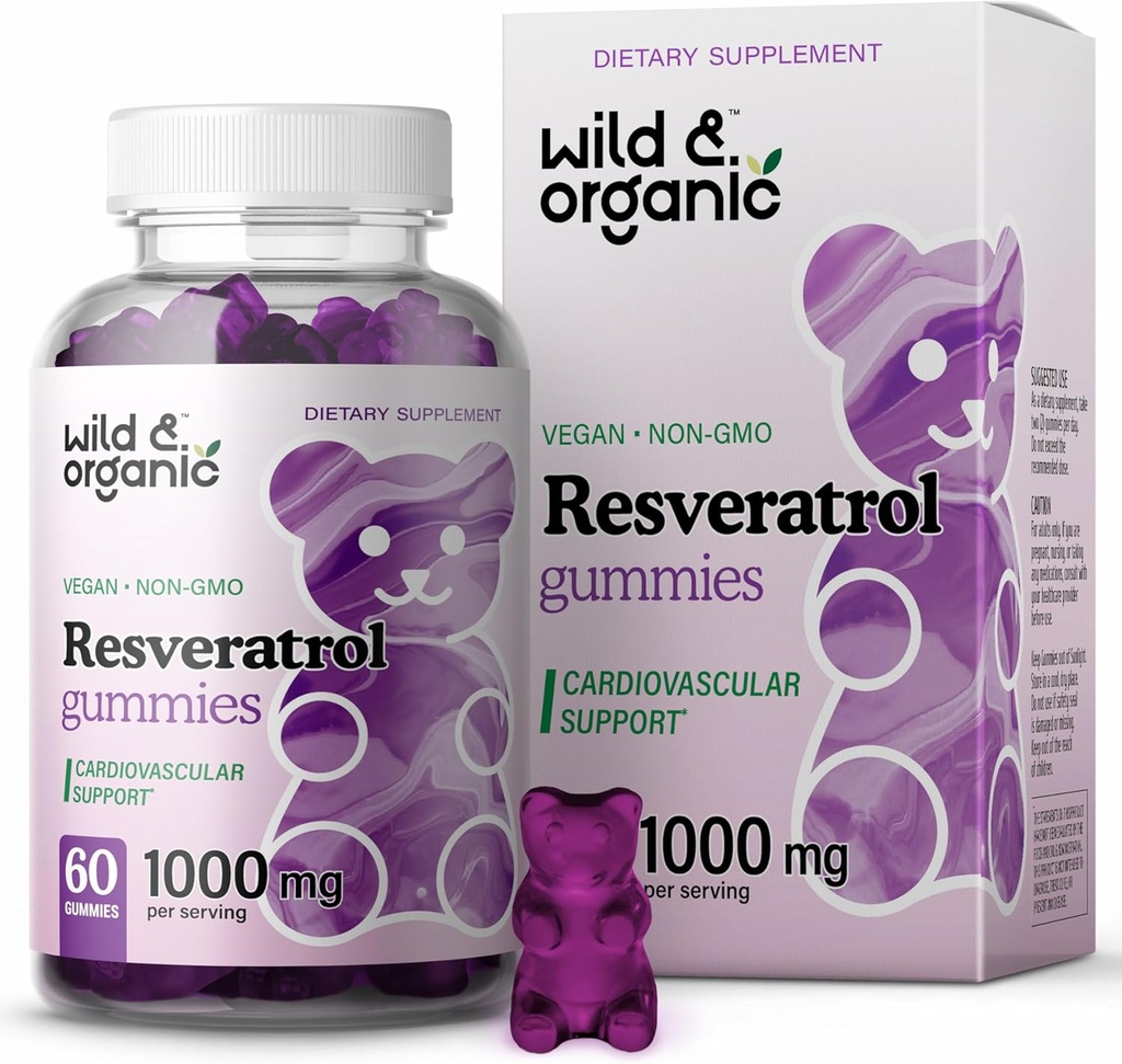 Salvaje y Orgánica Resveratrol Gummies 1000mg - Suplemento Trans Resveratrol para Antioxidantes, Cerebro, Apoyo Inmunitario - 60 Gummies Veganas, Antioxidantes No GMO