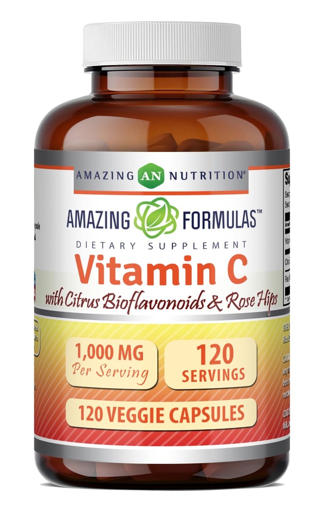 Fórmulas asombrosas Vitamina C (Acid acúsbico) 1000 Mg con Rosa HIPS & Citrus Bioflavonoids ← Veggie Capsules Suplemento ← Non-GMO TEN Gluten Free ← Made in USA (120 Conde)