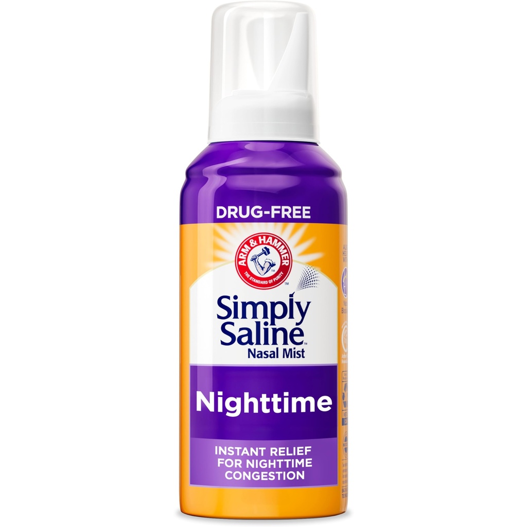 ARM " HAMMER Simplemente Saline Nighttime Drug-Free Mist for Nasal Congestion at Night, Extra Strength, Calming Eucalyptus, Safe to Use with Rx and OTC, For Adults and Kids Ages 2+, 4.6 oz (129 g)