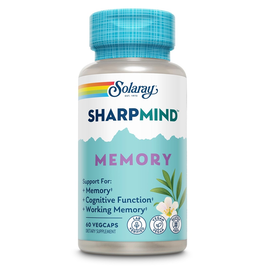 SOLARAY SharpMind Memory Formula - Suplementos cerebrales para la memoria y el foco - Cognivia, Gotu Kola &amp; Chaga Mushroom Suplemento - Ginkgo Biloba Alternativa - Garantía de 60 días - 30 Servimientos, 60 VegCaps