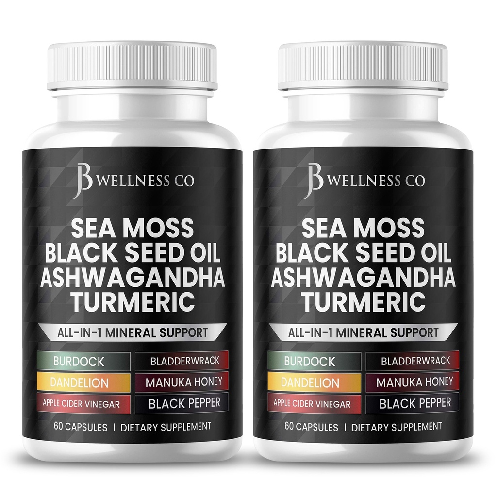Sea Moss Black Seed Oil Ashwagandha Turmeric Bladderwrack Burdock - con Manuka, Honey Dandelion, ACV Black Pepper Gluten Free- 120 Count