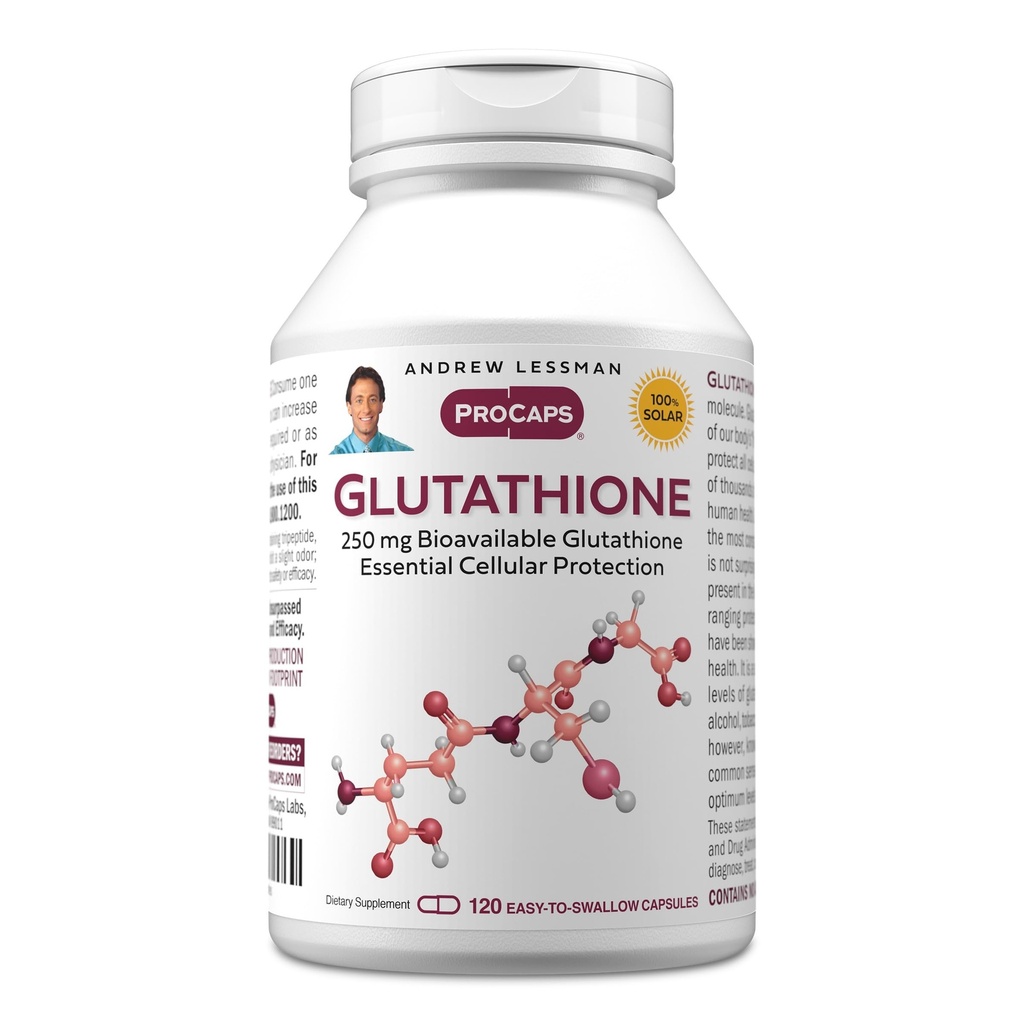ANDREW LESSMAN Glutathione 250 mg - 120 cápsulas - potente antioxidante, reduce la tensión oxidativa. Biodisponible, protege células, tejidos, órganos. Apoya la Salud Inmune. Cápsulas fáciles de cambiar.