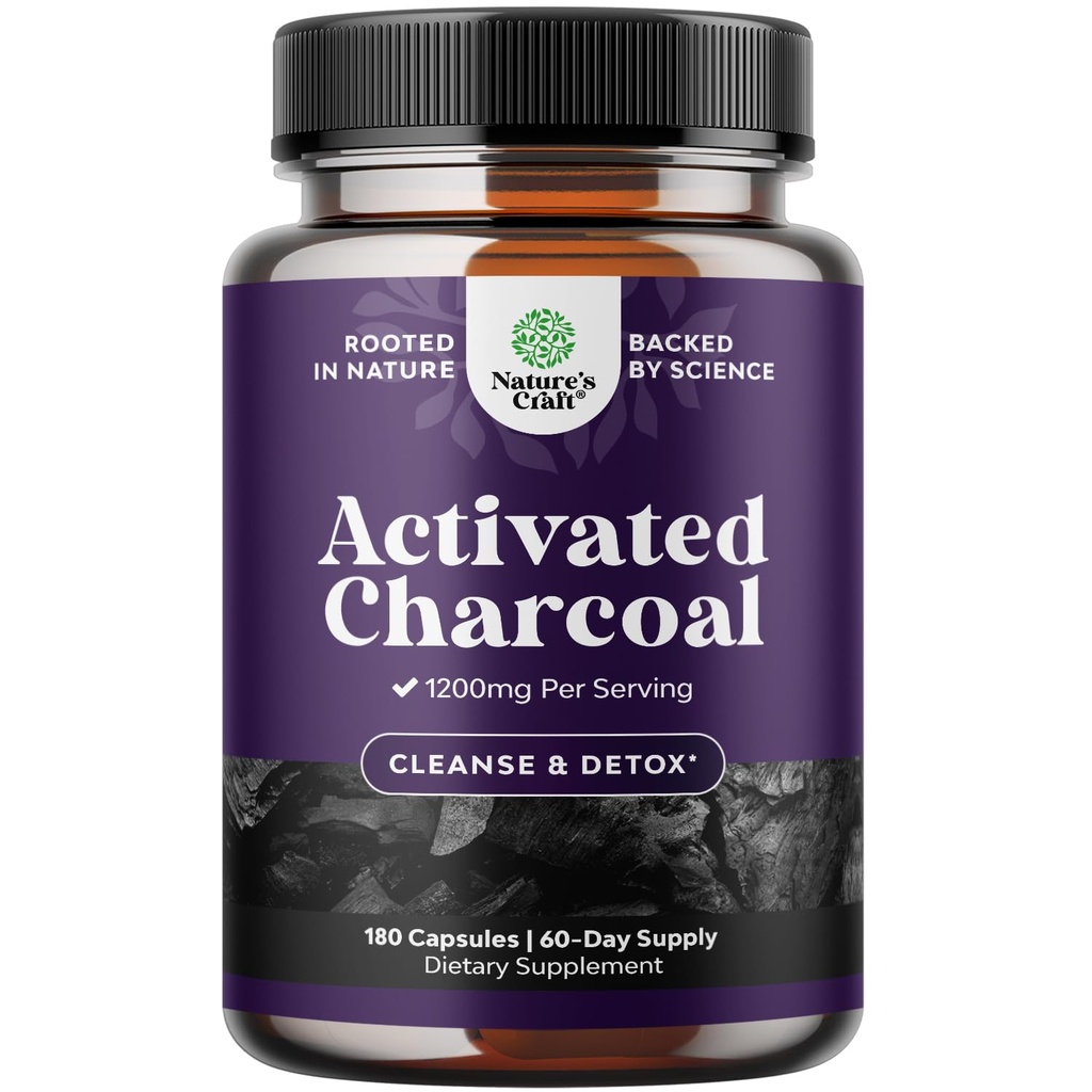 Natures Craft Activated Charcoal Pills Detox &amp; Cleanse - Purifying Coconut Capsules with 1200 mg Por Serving for Bloating Relief - Active Detox Supplement for Body & Gut Health -180 Count