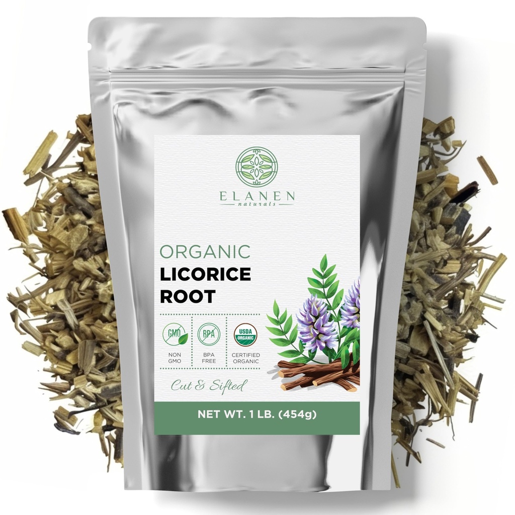 Elanen Naturals Orgánica Licorice Root 1 lb. (16 oz.), USDA Certified Orgánica Licorice Root Tea, Licourice Bulk Chopped, Liquorice, Raiz de Regaliz Licrice, Glycyrrhiza glabra, Cut &amp; Sifted