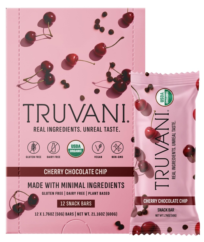 Truvani Plant Based Snack Bares ← Cherry Chocolate Chip 12 Pack TENIDO 5g Protein TEN USDA Orgánica y Vegan TENIDO El Único Bar ANTERIENTE Dairy, Soy y Gluten Gratis TENIDO
