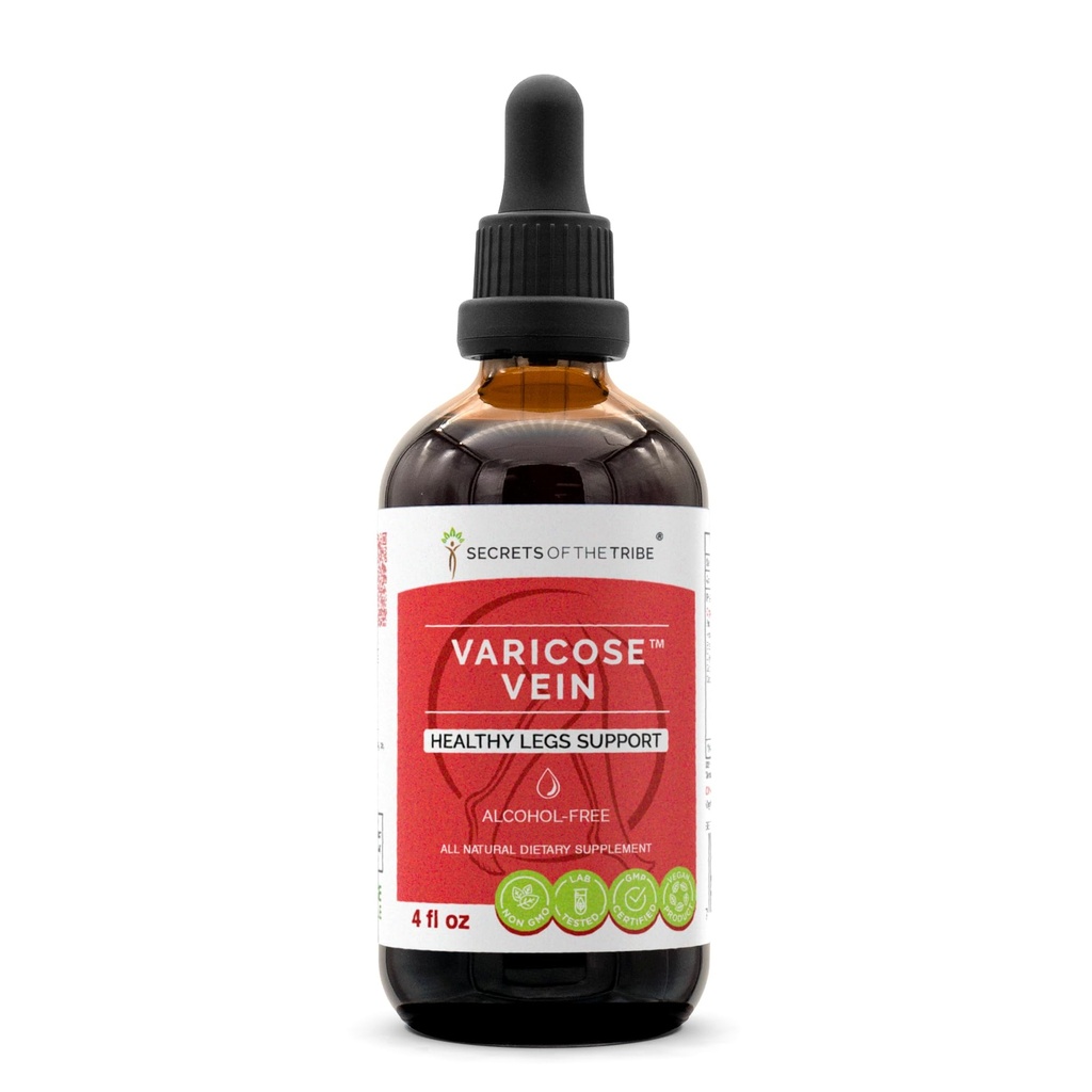 Secrets of the Tribe Varicose Vein Alcohol-Free, Glycerite Butcher's Broom, Horse Chestnut, Bilberry, Cayenne, Gotu Kola, Grape. Tintura, Extracto Herbal Legs saludables Soporte 4 OZ