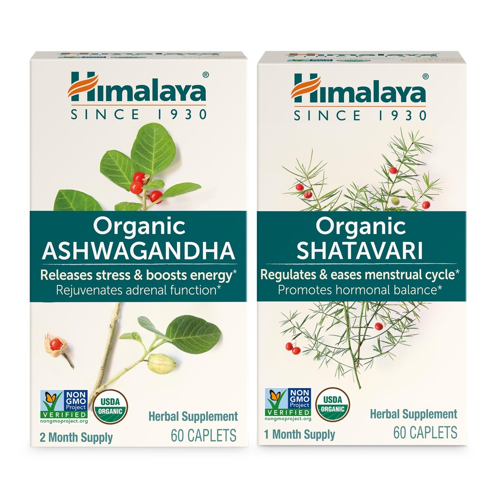 Himalaya Organic Ashwagandha for Energy Support Plus Organic Shatavari for PMS, Menstrual Cramp Relief & Menopause Support, 60 capsules Cada – 2 Product Bundle