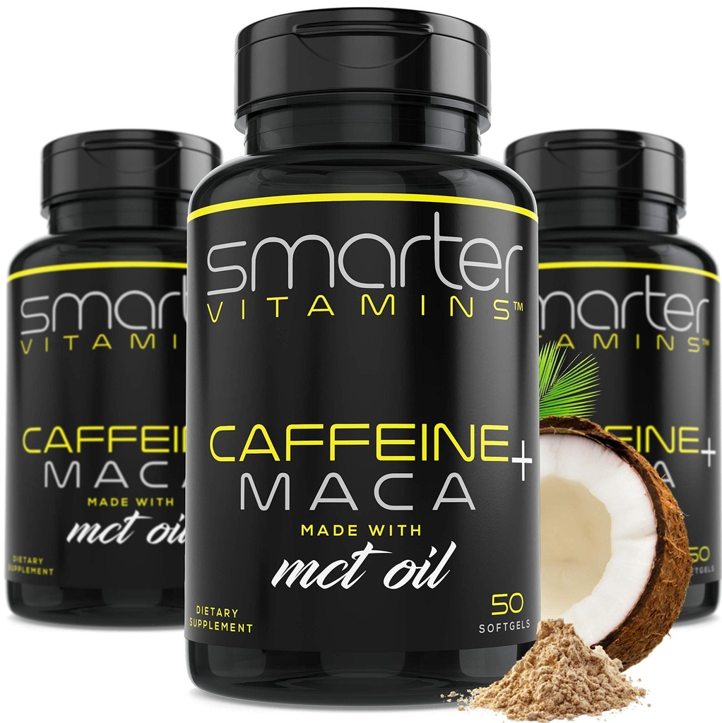 (3 Pack) Píldoras de energía más inteligentes, 200mg Caffeine &amp; Coconut MCT Aceite con Maca Root, 150 Liquid Softgels