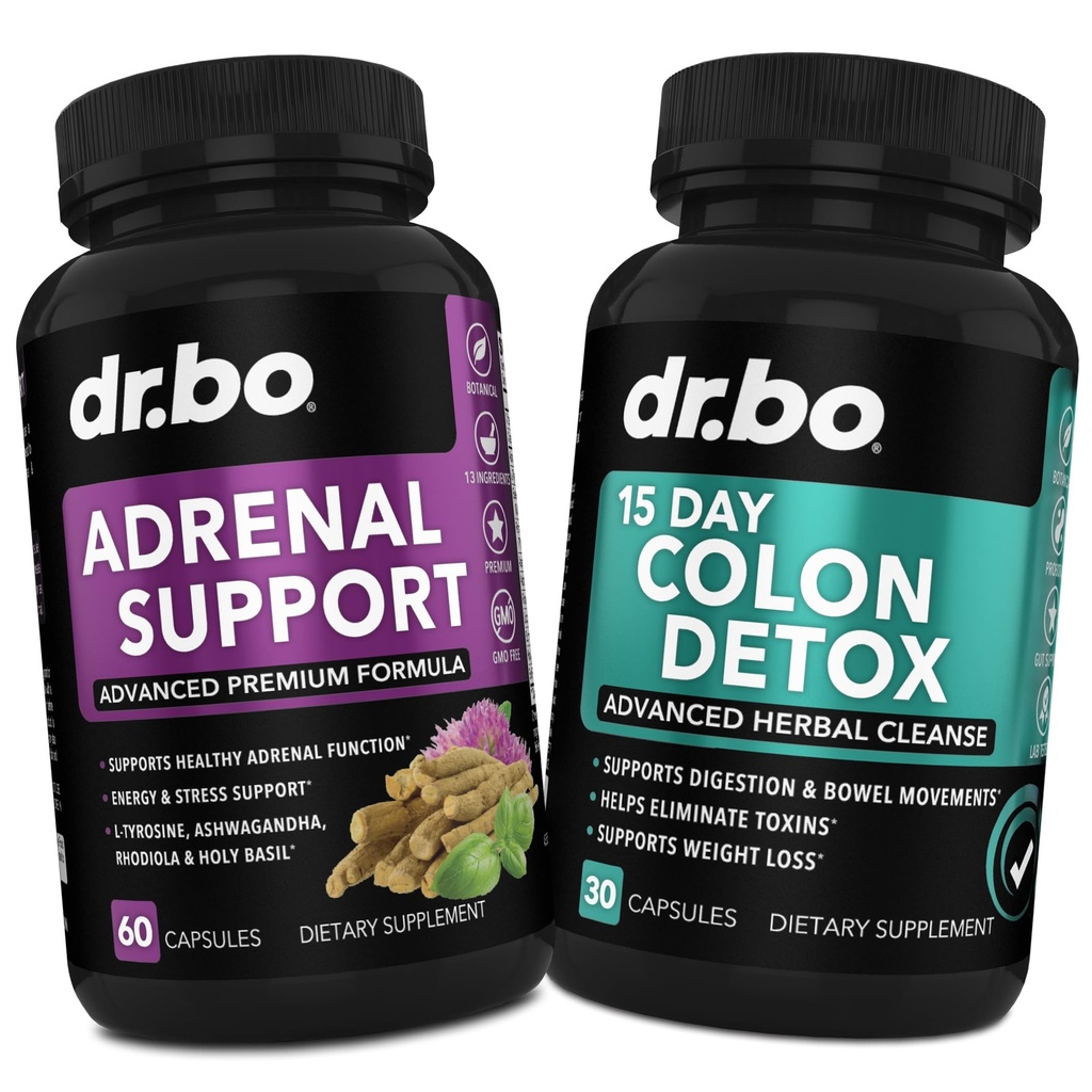 DR. BO Apoyo Adrenal " Suplementos de limpieza de colon - Suplemento de Fatiga Adrenal con Ashwagandha " L Tyrosine - 15 días píldoras de limpieza intestinal para el movimiento de Bowel Apoyo " Limpiador de estómago