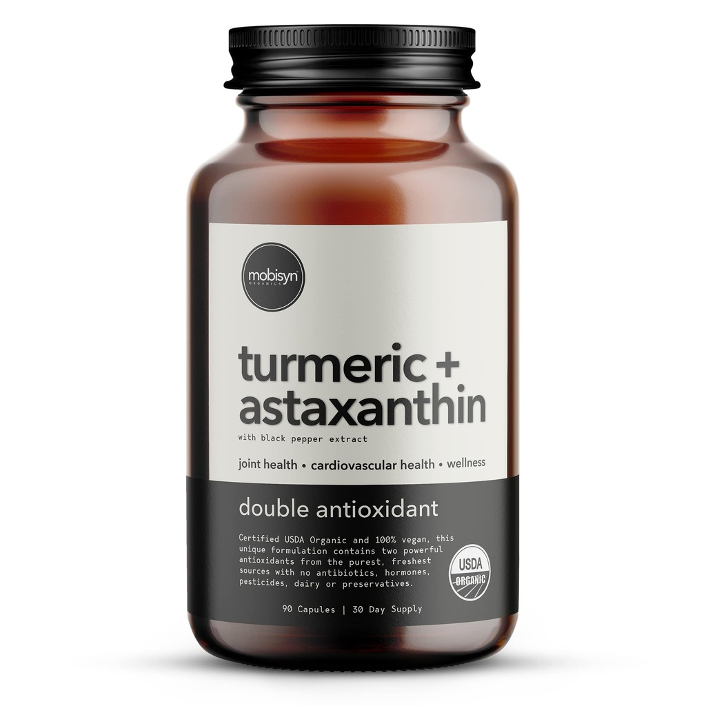 Astaxanthin orgánico 12mg Plus Turmeric 1500mg, Black Pepper Extract, High Absorption, Eye, Heart, Skin, Joint, Vegan, Gluten-Free, Non-GMO, Double Antioxidant, Turmeric Curcumin Supplement, 30-Days