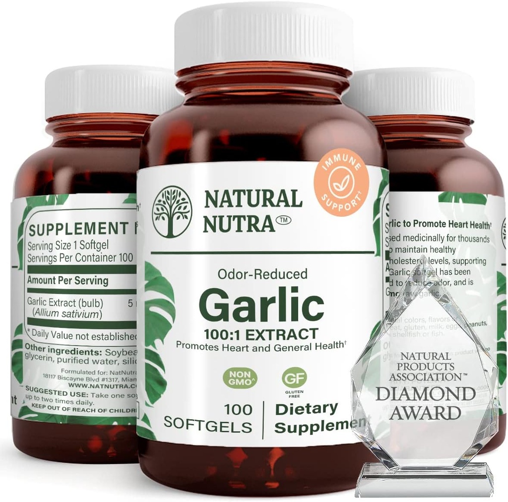Natural Nutra Odorless Aceite de Ajo Suplemento, Píldoras orgánicas para la salud del corazón más fuerte " , Mejorar el sistema inmunológico, Reducir el número cíclico, Mantener aceite de grasa corporal, Allium Sativum 500mg,100 Softgels