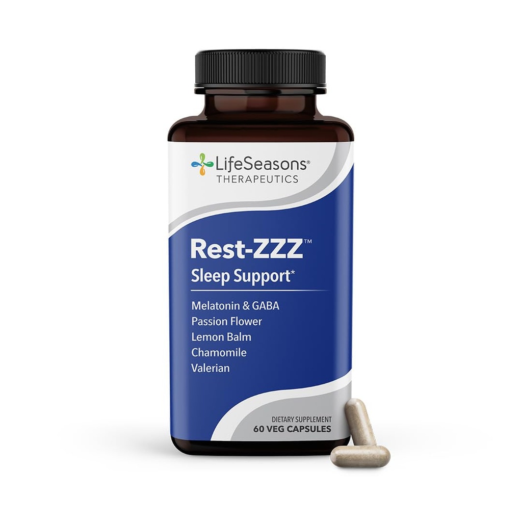 LifeSeasons Rest-ZZZ - Natural Sleep Support Supplement - Fall Asleep & Stay Asleep - Calms Nervous System - Ease Muscle Tension & Restlessness - Low Dose Melatonin GABA & Chamomile - 60 cápsulas