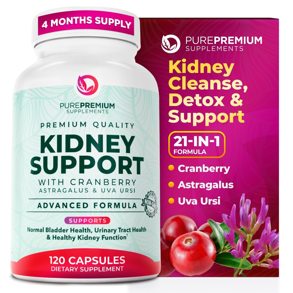Suplemento de soporte para el riñón de premium – Detox de limpieza del riñón " Reparación con extracto de arándano " Astragalus - 21-in-1 Apoyos complejos Hoja normal, Urinary Tract " Kidneys Health - 120 Day Supply