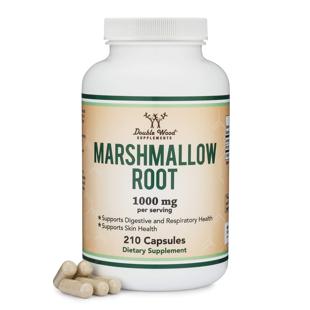 Capsulas de raíz de malvavisco (210 Conde, 1.000 mg por servicio) Alto en el tratamiento de apoyo respiratorio, Skin y Gut Reparación (Vegan Safe, Gluten Free) por Madera Doble