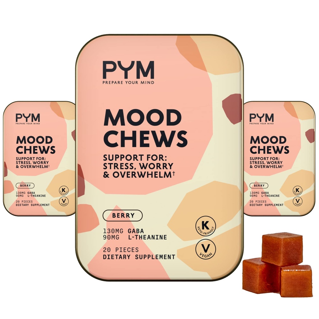 PYM Berry Mood Chews Support for Stress, Worry & Overwhelm, 60 Count tención 130mg GABA, 90mg L-Theanine ← Vegan, Non-GMO, Gluten-Free, No Añadido Sugar ← All-Natural Mood Balance Supplement Made in USA