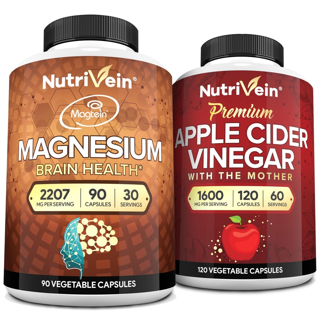 Nutrivein Premium Apple Cider Vinegar Capsules &amp; Magnesium L-Threonate Bundle: High-Absorption Magnesium Threonate Suplemento y Apple Cider Vinegar Suplementos para Cerebro, Gut, &amp; Well-Being