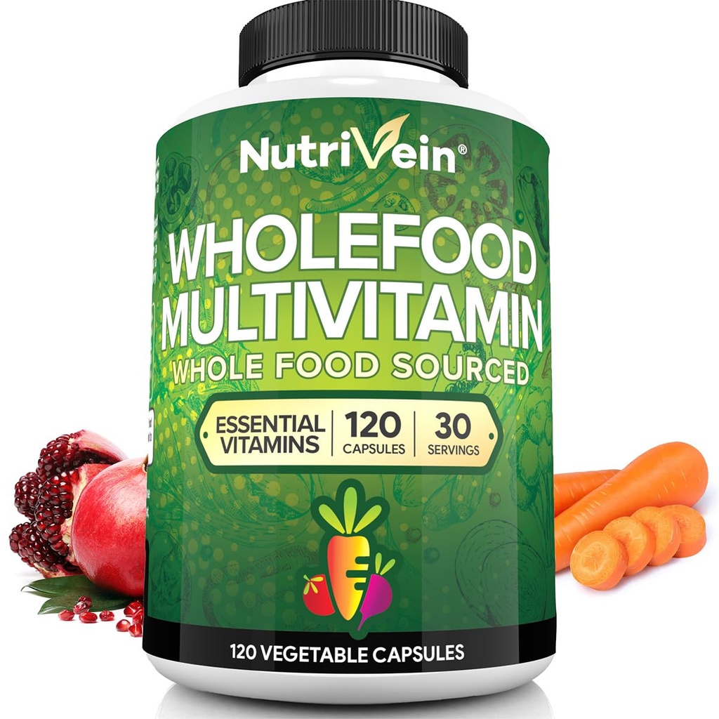 Nutrivein Alimento completo Multivitamina para Hombres – 120 cápsulas de multivitamina veganas para adultos – Energía diaria, inmune y apoyo al corazón – Frutas primas &amp; vitaminas vegetales + B - No previsto para niños