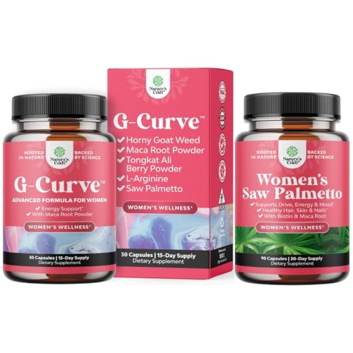 Bundle of G Curve Horny Goat Weed for Women for Enhanced Energy Mood Performance and Extra Strength Saw Palmetto for Women 500mg - DHT Blocker - 30-Day Supply - Hair Vitamins for Hair Loss Supplement