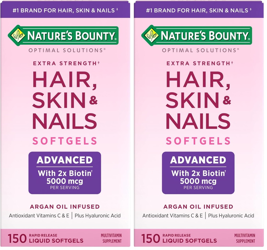 La recompensa de la naturaleza pelo avanzado, uñas de piel, suplemento de vitamina arganada con ácido biotin e hialurónico, 150 Softgels de liberación rápida (Pack of 2)