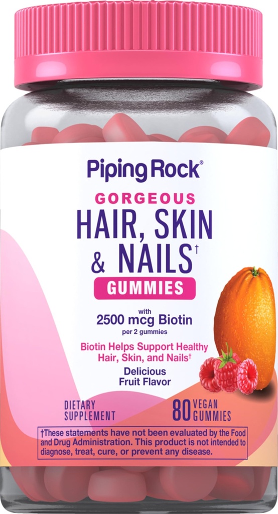 Piping Rock Hair Skin and Nails Vitaminas TEN 80 Gummies TENIDO 2500 mcg de Biotina TEN Mujeres Multivitamínicas TENIDAS con Vitamina C y E ANTERITO Fruit Flavor TENIDO Non-GMO, Gluten Free Supplement