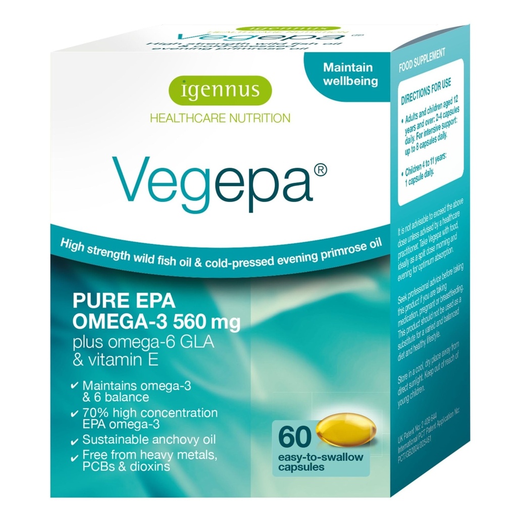 Igennus Vegepa Omega 3 Aceite de pescado silvestre " Aceite de pie de montaña, 560 mg EPA Plus GLA, 60 pequeños Softgels