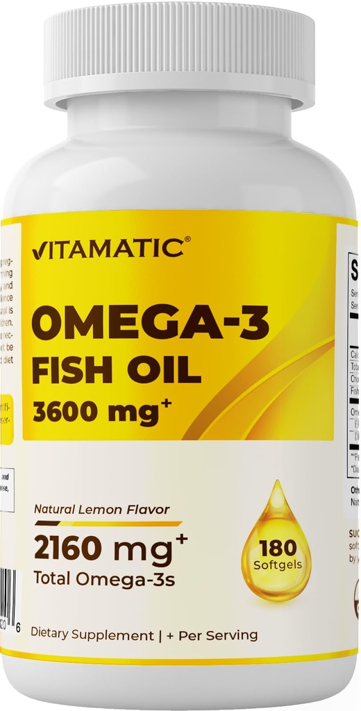 Vitamatic Triple Strength Omega 3 Fish Oil 3600mg Por Serving, 2160mg Omega 3 ácidos grasos, 1296mg EPA + 864mg DHA, Burpless Lemon Flavor, 180 Softgels
