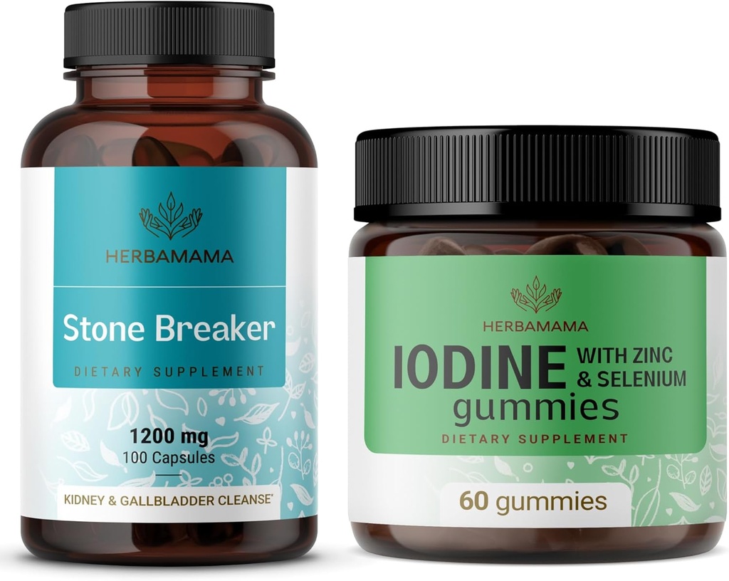 HerBAMAMA Stone Breaker and Iodine Kit - Bundle of 1200 mg Stone Breaker Capsules & Potassium Iodine Gummies - Vegan, Non-GMO, Gelatin-Free - 2 Pack