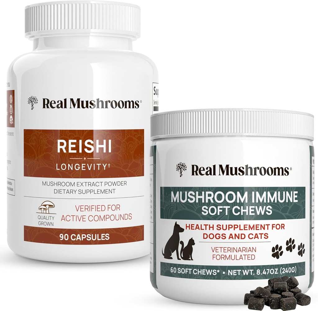 Real Mushrooms Reishi Capsules for Humans (90ct) &amp; Mushroom Immune Pet Chews (60ct) - Bundle for Longevity, Relax &amp; Immunity - Ashwagandha, Astragalus &amp; More - Vegan, Non-GMO, Gluten-Free