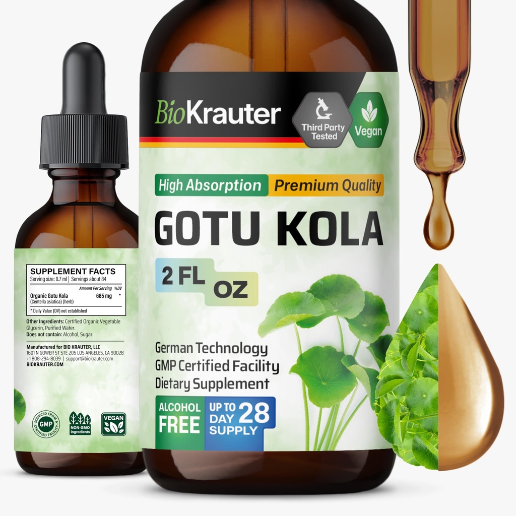 BIO KRAUTER Gotu Kola Tincture - Centella Asiatica Extract - Alcohol y azúcar Gotu Kola Extract gratis - Vegan Drops 2 Fl.Oz.