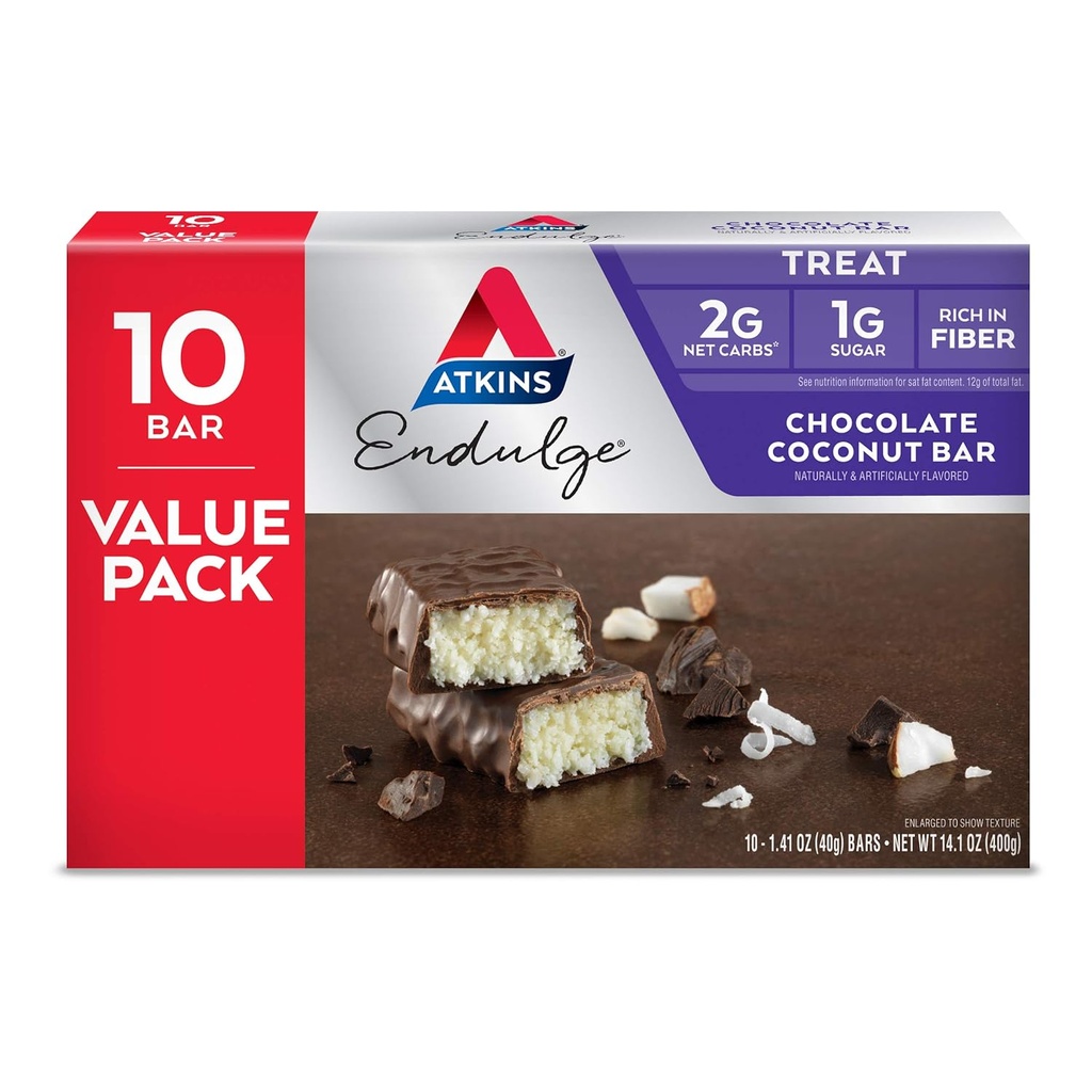 Atkins Endulge Chocolate Coconut Bar, Postre Favorito, Alto en Fiber, 1g Azúcar, 10 Conde