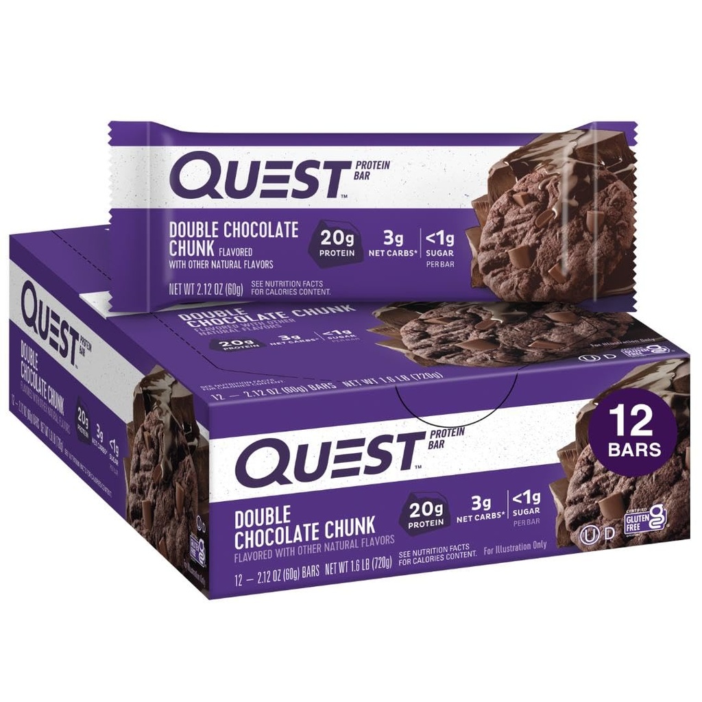 Quest Nutrition Double Chocolate Chunk Protein Bares, 20g Protein Bares, 1g Sugar, 4g Net Carb, Gluten Free, Keto Friendly, 12 Condes