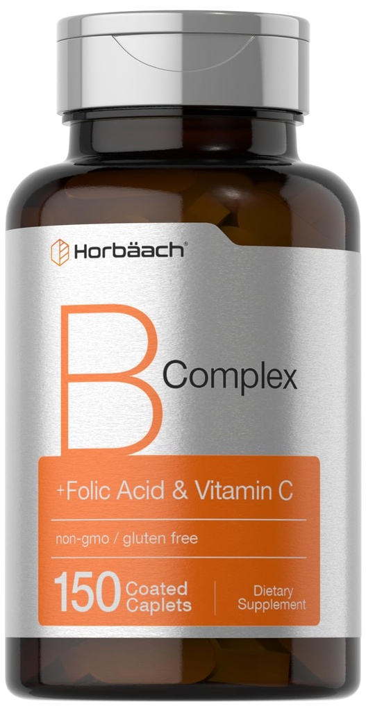 Horbaach B Complejo Vitaminas para Mujeres y Hombres Silencioso 150 Caplets Silencio con Ácido Fólico " Vitamina C TENIDO No-OMG " Gluten Suplemento gratuito