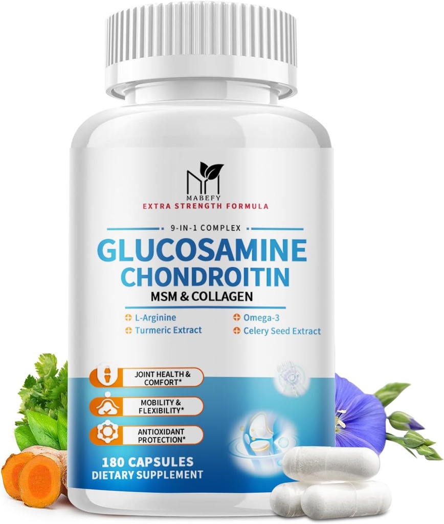 Glucosamine Chondroitin MSM Capsules,Glucosamine 1500mg con Collagen, Turmeric, Suplementos Conjuntos para Hombres,180 cápsulas