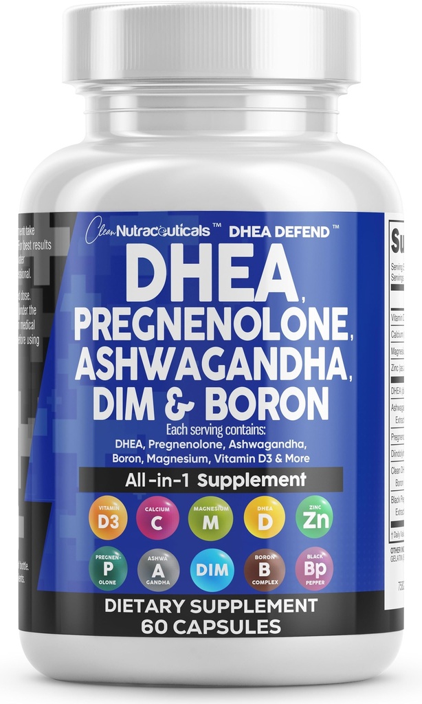 DHEA 200mg Suplemento Pregnenolona 100mg para Hombres &amp; Mujeres con DIM Ashwagandha Boron 6mg Complejo Calcio Magnesio Zinc 50mg Vitamina D3 5000 UI Hormona Soporte Cápsulas Hecho en USA 60 Con