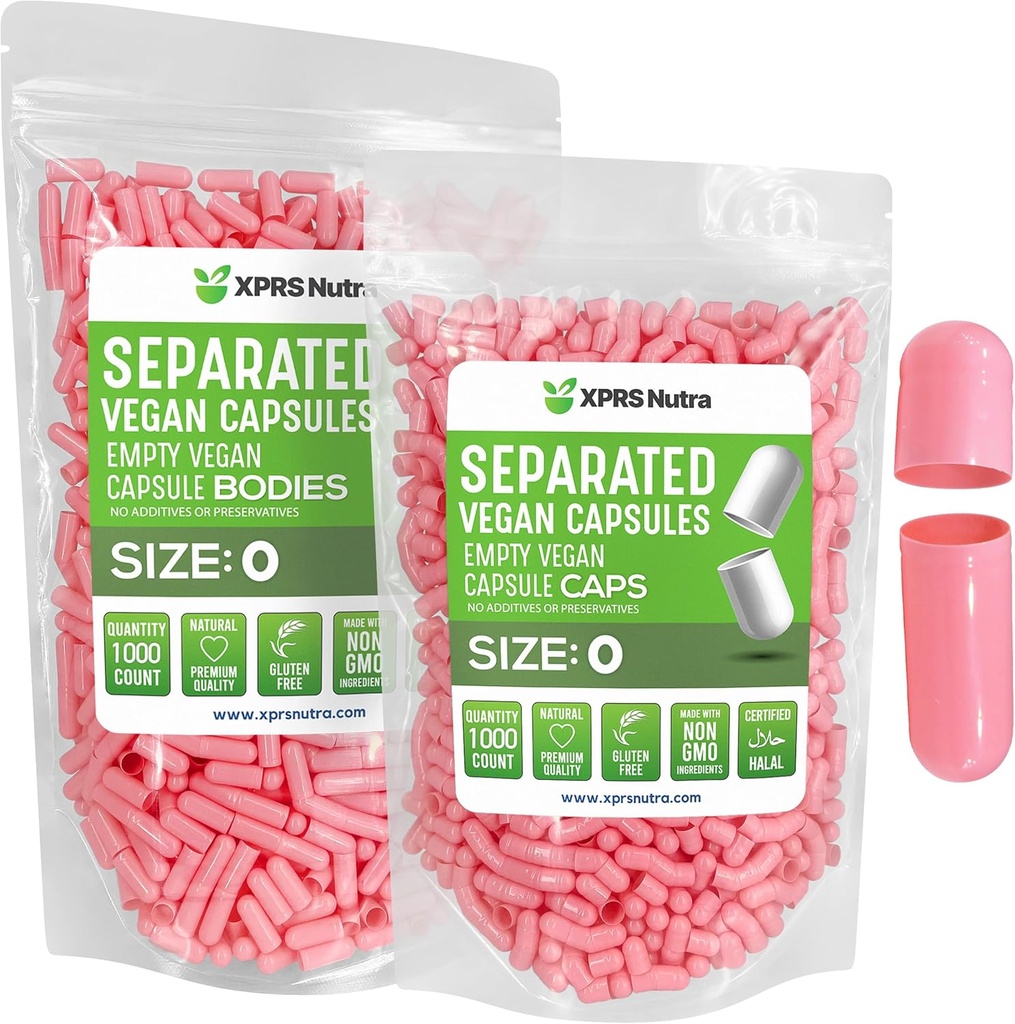 XPRS Nutra Vegan Tamaño 0 cápsulas separadas - 1000 cápsulas de vacío Premium Separadas en bolsas - 0 pastillas para relleno de suplemento DIY (Pink)