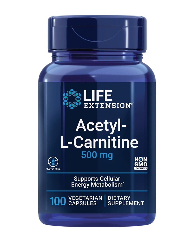 Extensión de vida Acetyl-L-Carnitine, Acetyl-L-Carnitine, Vitamina C, Brain, Mood &amp; Nerve Health, Cellular Energy, 3-Month Supply, Gluten-Free, Non-GMO, Vegetarian, 100 cápsulas