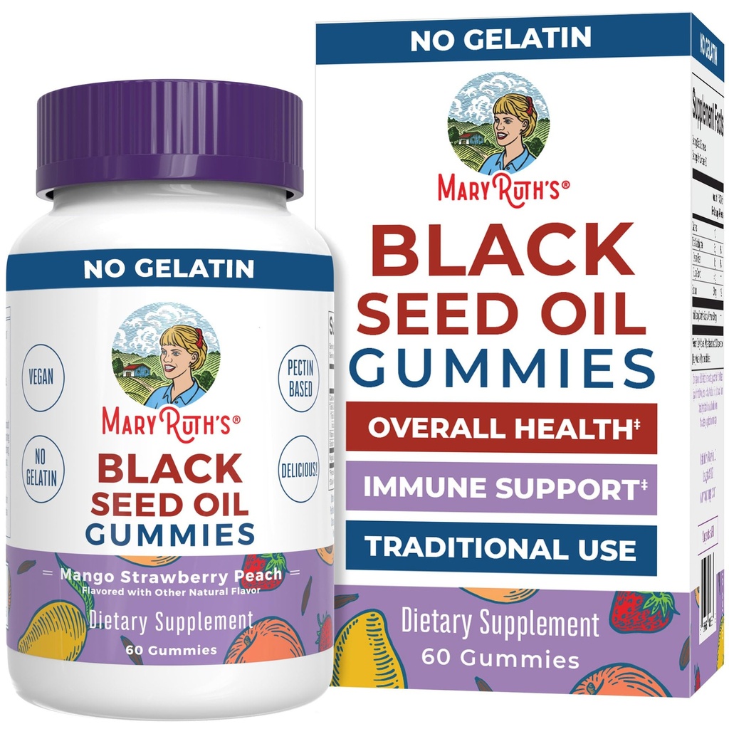 MaryRuth Organics Black Seed Oil Gummies ← Black Cumin Seed Oil Supplement TEN Utilizado tradicionalmente para Immune Support &amp; Cardiovascular Health TEN Vegan TEN No Gelatin ← Pectin Based Ø 60 Gummies