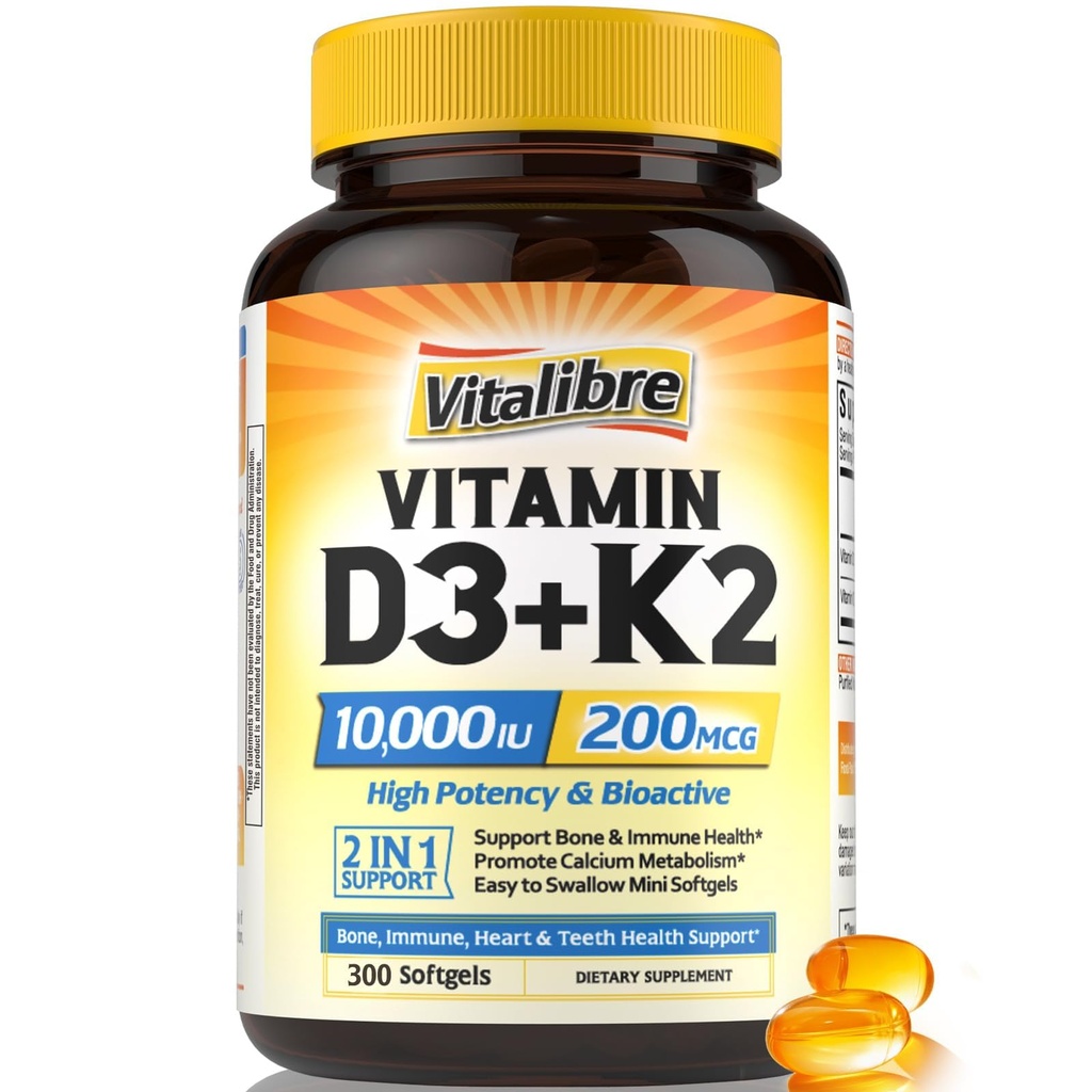 Vitamina D3 K2 Suplemento, 10000 UI D3 / 200 mcg K2 MK7, Absorción de calcio, hueso, corazón, inmune &amp; soporte de humor, absorción aumentada, no soy, fácil de absorber, 300 Softgels