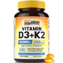 Vitamina D3 K2 Suplemento, 10000 UI D3 / 200 mcg K2 MK7, Absorción de calcio, hueso, corazón, inmune &amp; soporte de humor, absorción aumentada, no soy, fácil de absorber, 300 Softgels