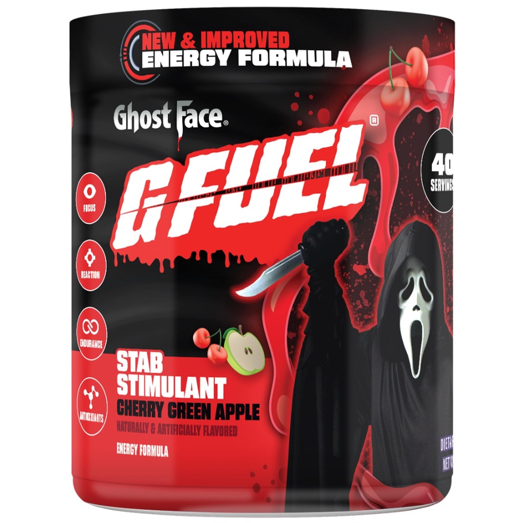 G Fuel Ghost Face Energy Drink Powder, Pre Workout Caffeine Mix for Gaming, Sugar Free Focus Amino, Vitamina + Antioxidantes, 9.9oz (Cherry Green Apple, 40 Servings)