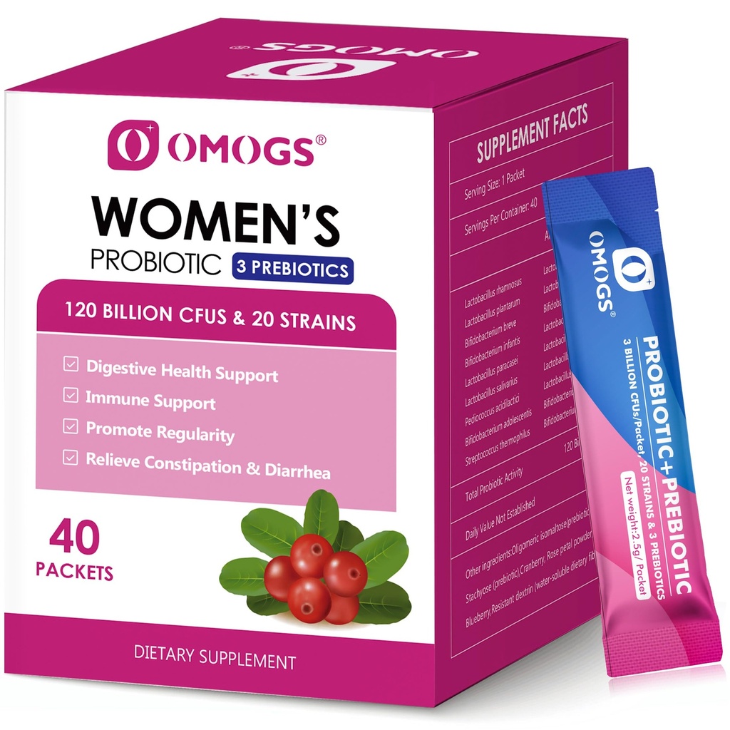 Probiótico femenino OMOGS, 120 millones-CFUs, 18 Strains, con 3 Prebióticos y Extracto de Arándano, Ayuda para Booster Inmunitario, Salud Digestiva, Salud Gut y Salud Vaginal