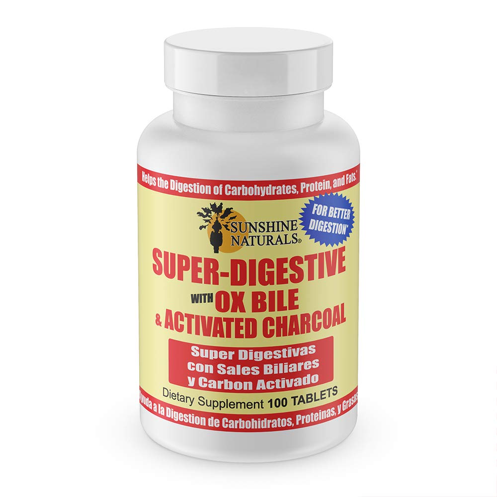 Sunshine Naturals Super Suplemento Digestivo. Ox Bile " Activated Charcoal for Digestive Support, Bloating Relief, Gut Cleanse, Nutrient Absorption, and Promotes Global Wellness. 100 Tabletas.