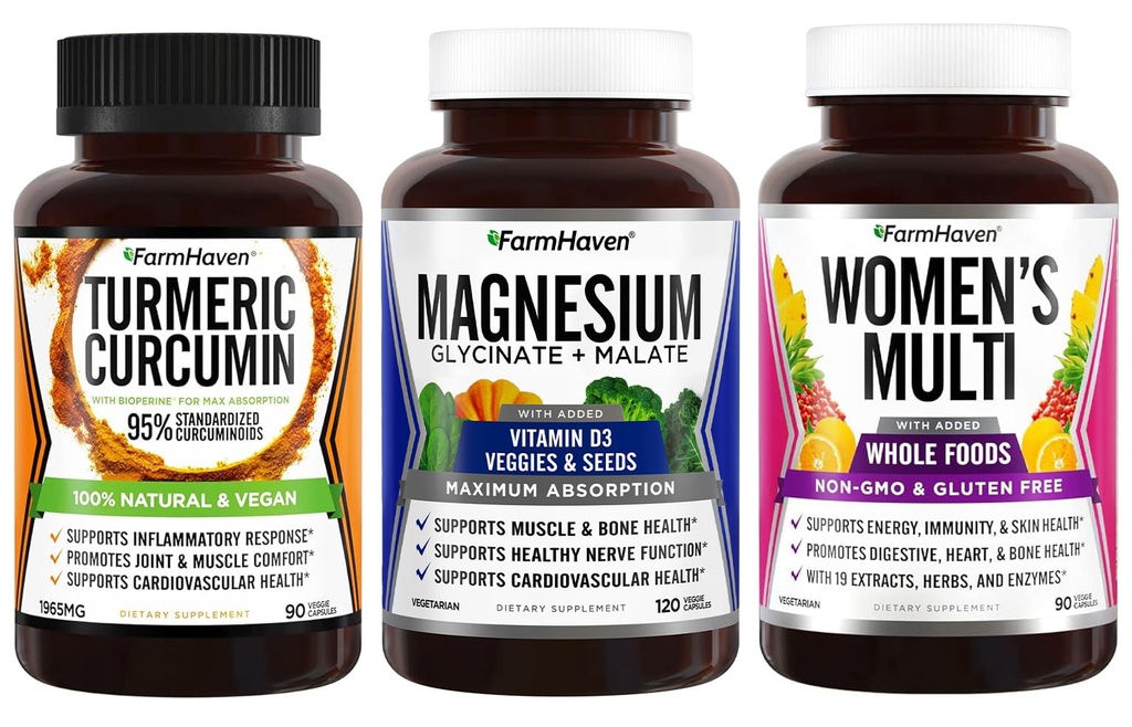 GranjaHaven Magnesio + Multivitamina para Mujeres + Curcumina Turmérica con BioPerine Black Pepper